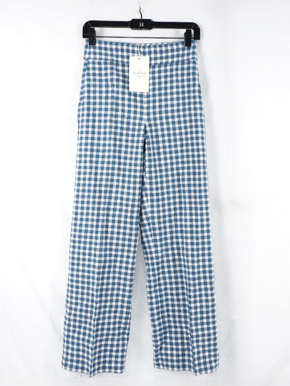 Sezane Jocelyn Blue & White Gingham Wide-Leg Trousers - Picture 2 of 12